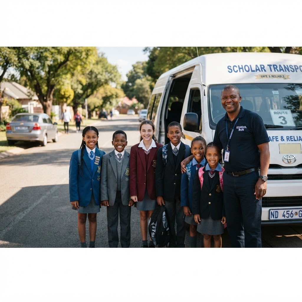 A smiling verified scholar transport driver standing with happy uniformed schoolchildren beside a clean white minibus